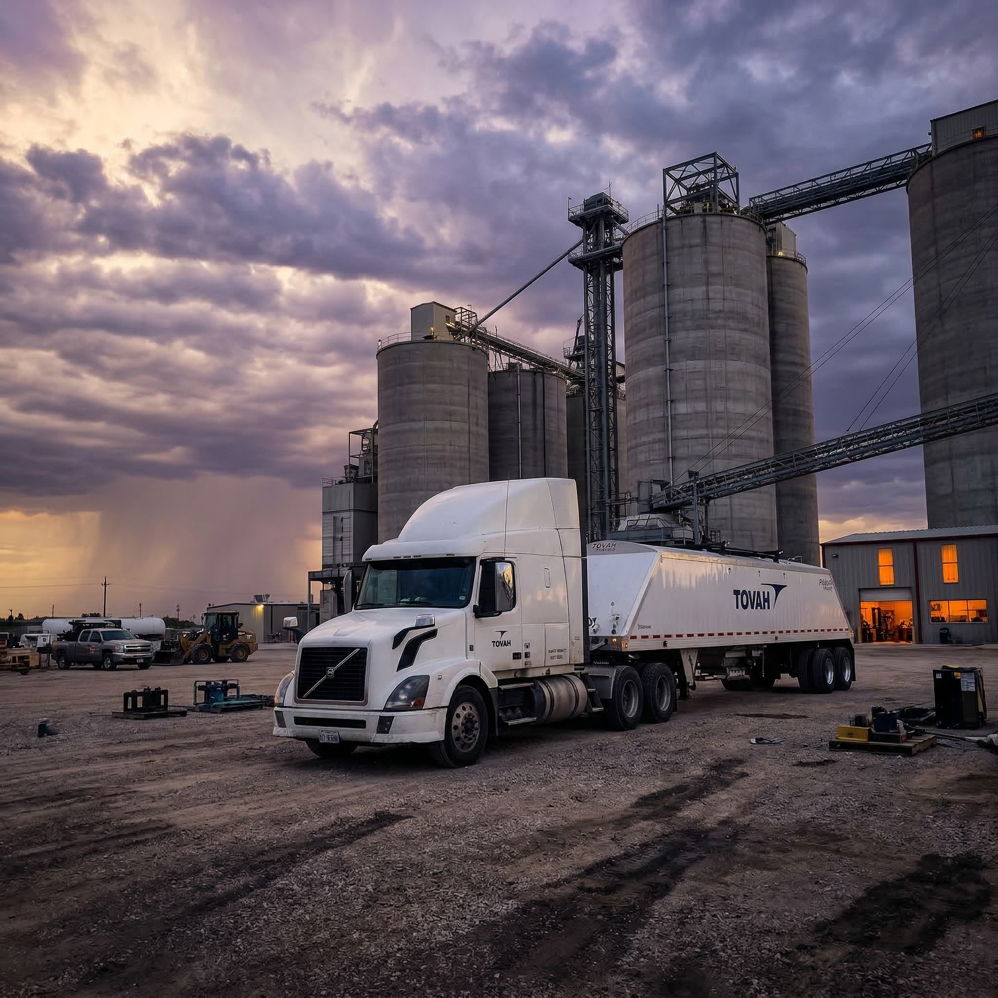 Tovah truck at sand silos under dramatic sky